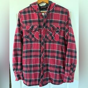 Volcom Snowboarding Hooded Flannel Jacket Red Black Plaid DWR Men’s Small